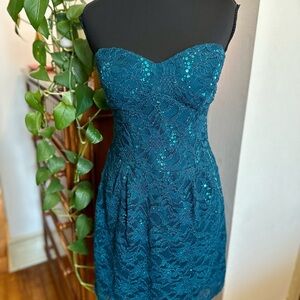 B Darlin Strapless Teal Lace Dress